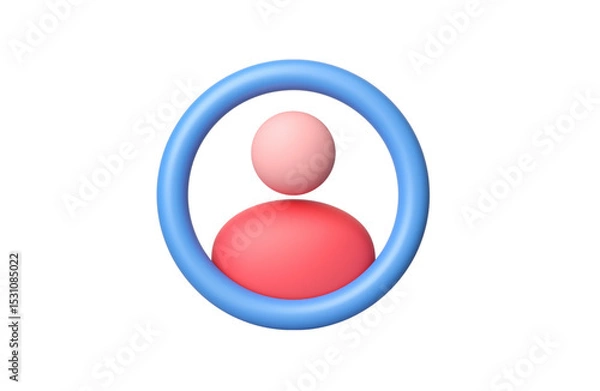 Fototapeta 3D illustration of a generic user profile avatar in pink and red tones inside a blue circular frame, on transparent background.