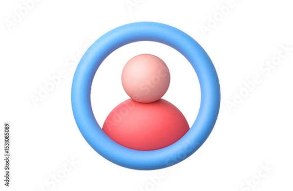Fototapeta 3D illustration of a generic user profile avatar in pink and red tones inside a blue circular frame, on transparent background.