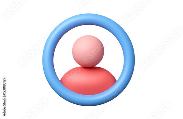 Fototapeta 3D illustration of a generic user profile avatar in pink and red tones inside a blue circular frame, on transparent background.
