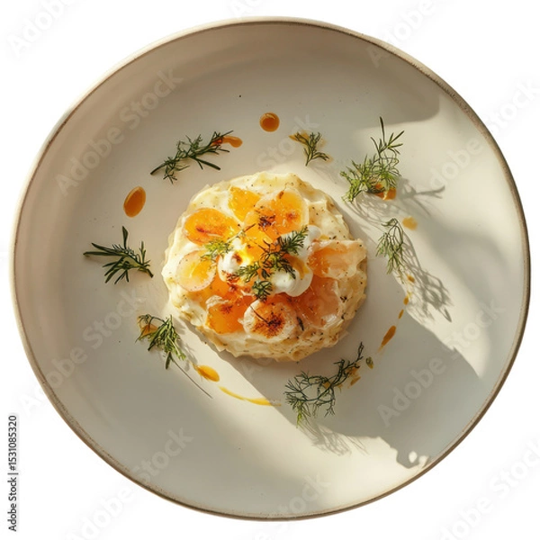 Obraz Creamy vegetable salad with dill and golden beet garnish