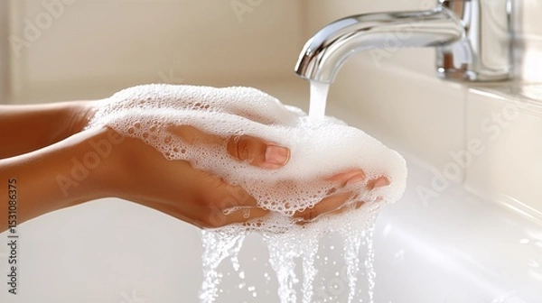 Fototapeta Close-up of hands washing with soap under faucet for hygiene