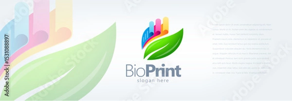 Obraz Bio Print Logo. Printing Ecology theme CMYK Color Papers and Green Leaf. Template design vector. White background