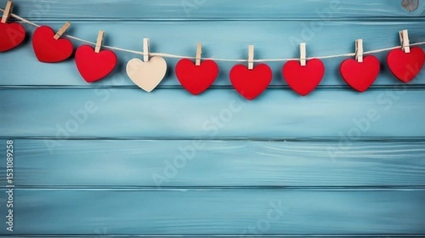 Fototapeta Red hearts hanging from above. Valentine background with copy space.