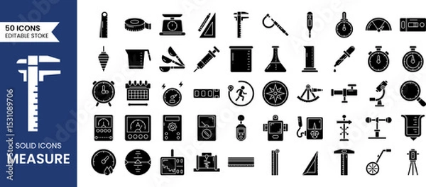 Fototapeta Measure icon set in solid style. Containing measurement, scale, size, ruler, gauge, dimension, temperature and more. Vector illustration