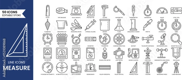 Fototapeta Measure line editable icon set. Containing measurement, scale, size, ruler, gauge, dimension, temperature and more. Vector illustration