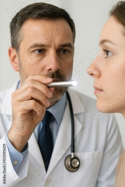 Obraz Doctor conducts regular medical check-up using penlight on patient in clinical setting