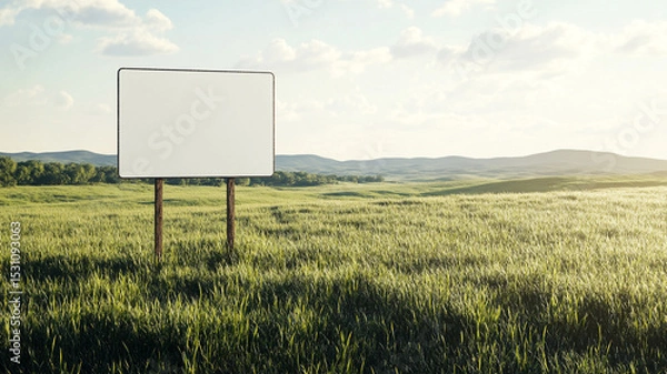 Fototapeta Blank white road sign mockup in the countryside, a green meadow and trees in the background