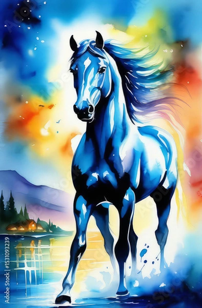 Fototapeta Dynamic watercolor illustration of a majestic galloping horse against a background of colorful splashes
