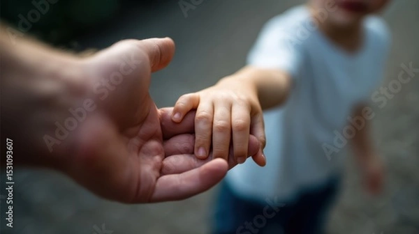 Fototapeta Child hand reaching out to hold adult hand, symbolizing connection and trust. moment captures warmth and affection in serene outdoor setting