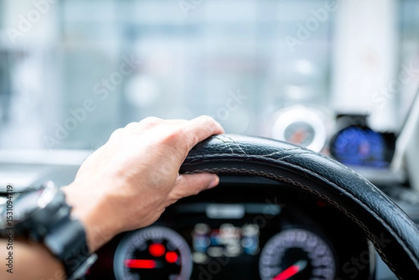Fototapeta Modern car cockpit dashboard close-up. Element of design.Modern car cockpit dashboard close-up. Element of design,close-up of a latin man's hands, holding the steering wheel, while driving with a beau