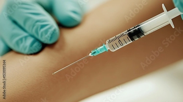 Fototapeta Close-up of syringe injecting vaccine into patient’s arm