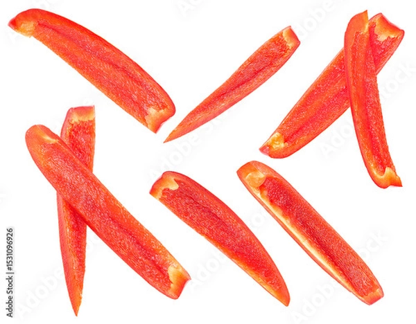 Fototapeta Set of cut ripe red bell pepper slices isolated on a white background, top view. Red paprika.
