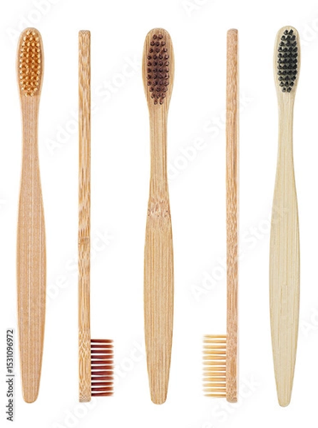 Fototapeta Zero waste bamboo toothbrushes isolated on a white background. Group of eco bamboo toothbrushes.