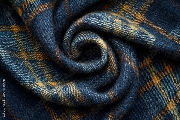 Fototapeta Soft wool fabric with a checkered pattern in warm brown and deep blue hues, swirling gently