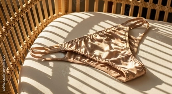 Fototapeta Satin beige lingerie panty placed on a cushioned rattan chair with shadow patterns