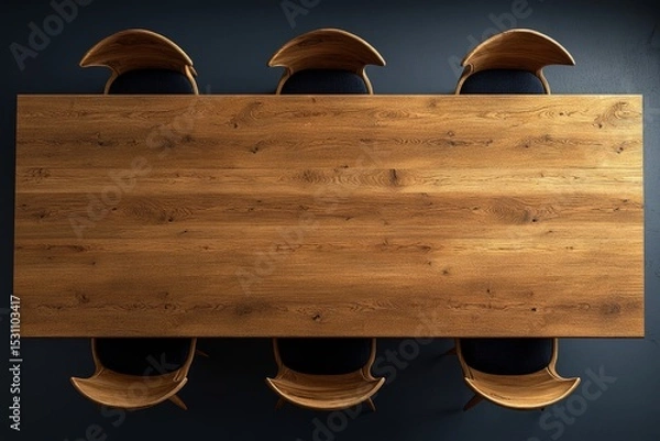 Obraz Large wooden table and six chairs in a dark conference room, seen from above