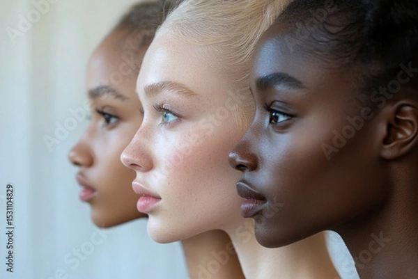 Obraz Three models of different ethnicities stand side by side, showcasing their diverse beauty and flawless skin