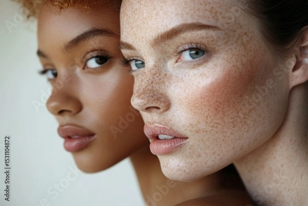 Obraz Two models with different ethnicities posing together, embracing their natural skin tones and freckles