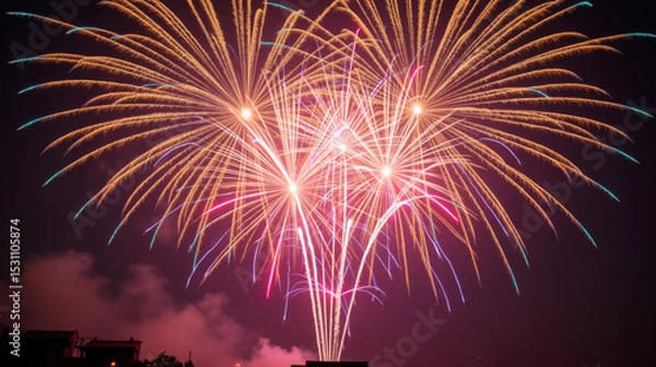 Fototapeta Bright fireworks display lighting up night sky with vibrant colors and patterns, creating festive atmosphere