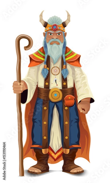 Fototapeta ancient fantasy magic shaman healer man character cartoon vector illustration isolated on white background