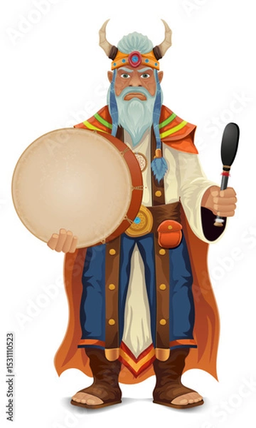 Fototapeta ancient fantasy magic shaman healer man character cartoon vector illustration isolated on white background