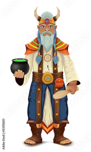 Fototapeta ancient fantasy magic shaman healer man character cartoon vector illustration isolated on white background