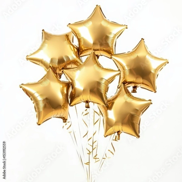 Fototapeta A cluster of gold star-shaped balloons with festive ribbons on a white background, symbolizing celebration. Happy birthday.