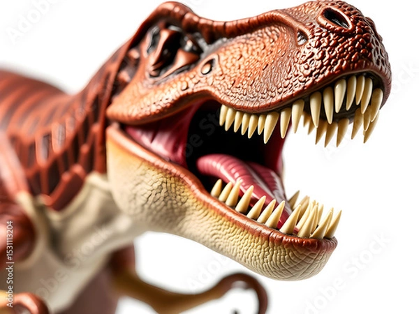 Obraz Menacing T-Rex figurine with razor-sharp teeth, isolated on white, showcasing primal ferocity and intricate craftsmanship.