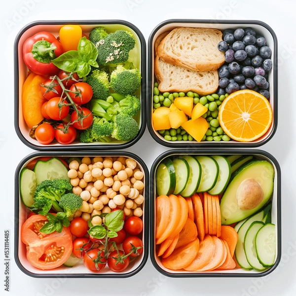 Obraz Culinary Canvas: A vibrant and healthful assortment of fresh vegetables and fruits, meticulously arranged in square compartments, symbolizing a balanced and nutritious approach to food and well-being.