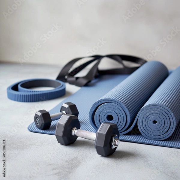 Obraz Workout Essentials: A detailed shot of a minimalist yoga mat setting, dumbbells, resistance bands, and straps with rolled-up yoga mats. Representing a dedication to fitness.