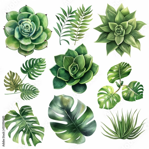 Obraz Botanical Elegance: A captivating array of meticulously rendered illustrations showcasing the intricate beauty of lush green botanical elements.