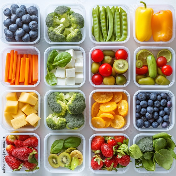 Obraz Colorful Fresh Food: A vibrant and appetizing display of fresh, colorful fruits and vegetables, neatly arranged in clear containers, inviting a healthy and balanced eating. 