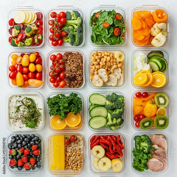 Fototapeta A Culinary Mosaic of Freshness: An eye-level shot captures an array of transparent containers each artfully filled with a vibrant selection of fresh, healthy.