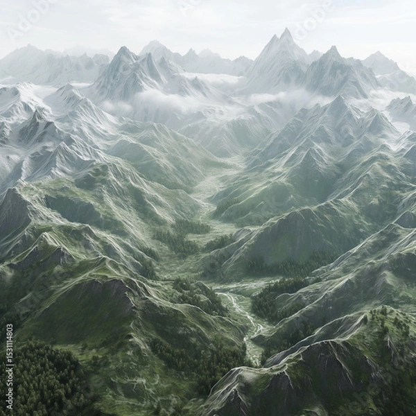 Obraz Majestic Mountain Vista: A breathtaking panoramic view unfolds, revealing towering mountain ranges blanketed in lush greenery, with mist-covered peaks that whisper of nature's grandeur.