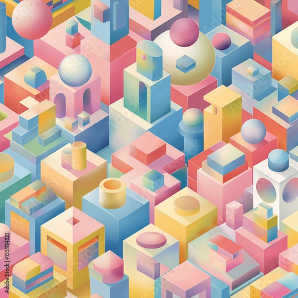 Obraz Geometric Abstraction: A captivating isometric composition of geometric shapes rendered in a pastel color palette, creating a visually engaging and artistic aesthetic.