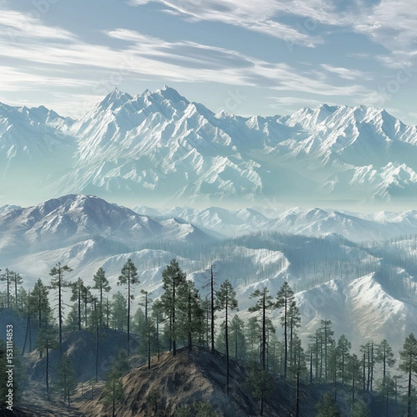 Obraz Majestic Mountain Panorama: A breathtaking vista of snow-capped peaks piercing the sky, embraced by a misty atmosphere, with lush forests in the foreground.