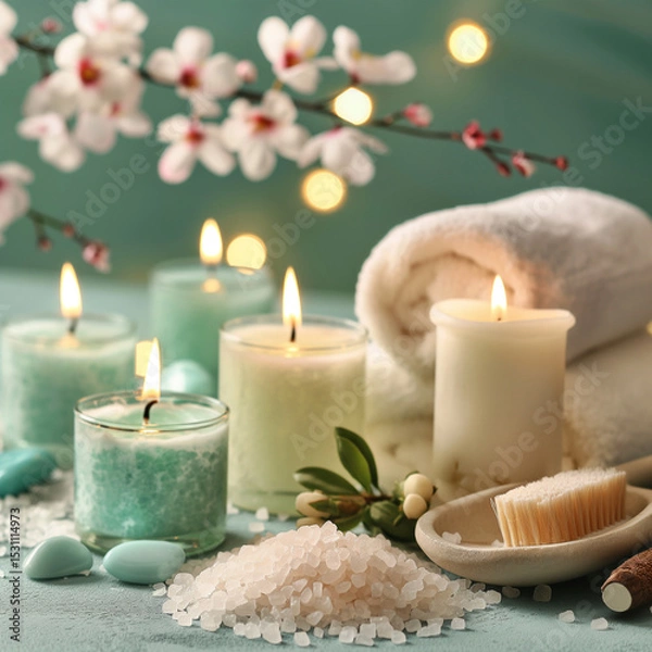 Obraz Serenity Spa: A tranquil spa arrangement with lit candles casting a warm glow, inviting relaxation amidst a backdrop of soothing colors.