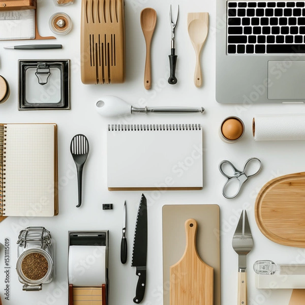 Fototapeta Culinary and Work Essentials: An overhead perspective features an artfully arranged collection of culinary and workspace tools, each one presented in exquisite detail.