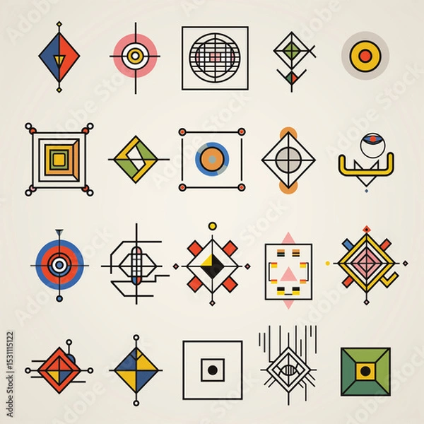 Obraz Geometric Abundance: A collection of meticulously designed geometric shapes and forms dance together, each piece a unique exploration of line, color, and composition.