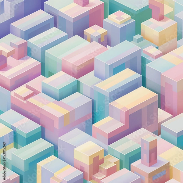 Obraz Geometric Pastel Cityscape: A visually captivating, isometric perspective of an abstract cityscape, rendered in soft pastel hues and geometric forms, creating a sense of playful architectural wonder.