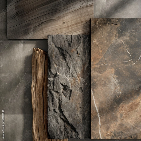 Fototapeta Natural Stone and Wood Composition: A textured composition of natural stone slabs and weathered wood planks interplays with light and shadow to create a visually tactile design element.
