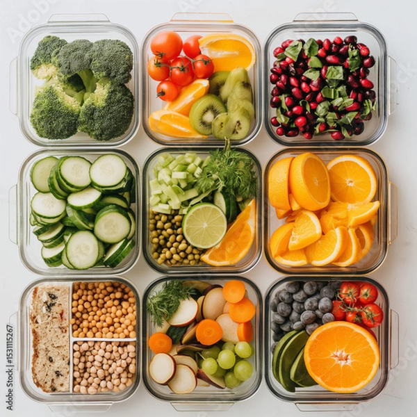 Obraz Nutritious meal prep: A vibrant assortment of colorful, fresh vegetables, fruits, and whole grains are expertly arranged in clear containers.