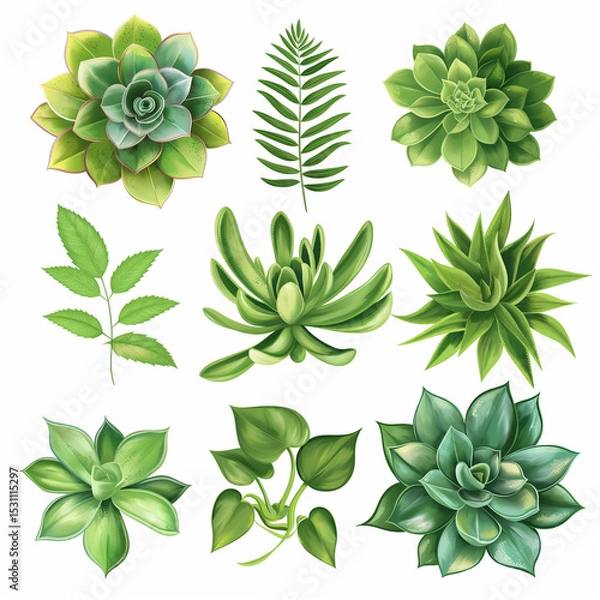 Obraz Green Succulents and Fern Collection: A vibrant collection of succulents and fern, showcasing diverse textures and shades of green, perfect for design projects.