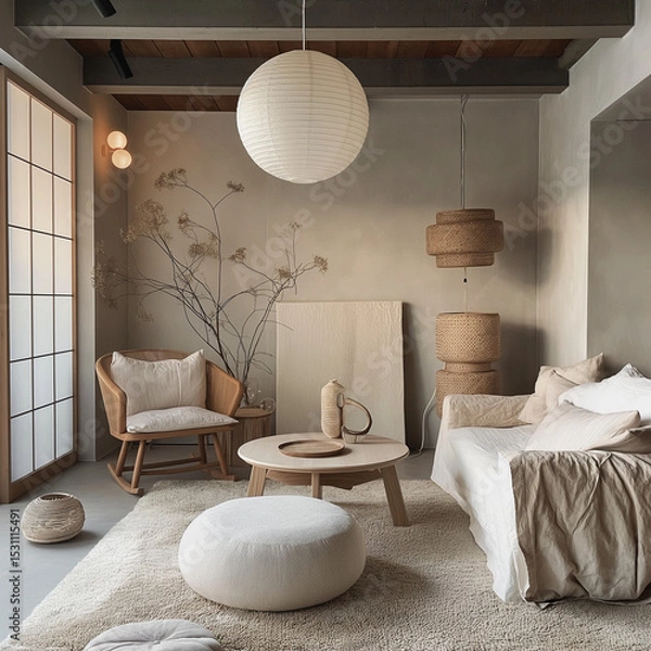 Obraz Calm Living Space: Interior of a stylish living room with a soft, neutral palette, creating a serene and inviting atmosphere with contemporary furniture, decor, and natural light. 