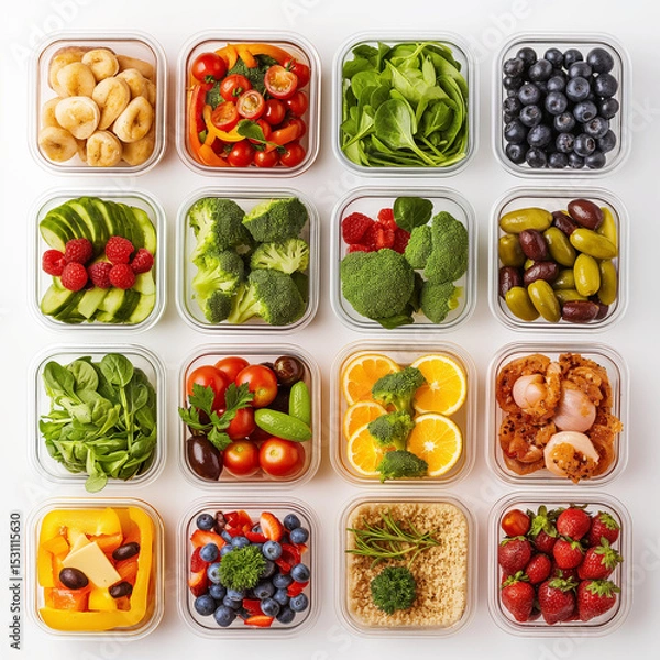 Obraz Colorful Culinary Canvas: A vibrant and diverse assortment of fresh produce, artfully arranged in individual containers, showcasing the beauty and nutritional value of nature's bounty.