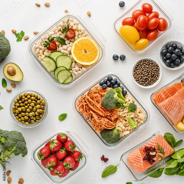 Obraz Nutritious Meal Prep Array: An overhead shot spotlights an assortment of fresh, colorful ingredients and dishes.