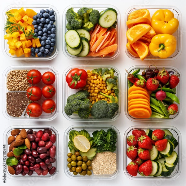 Obraz A Rainbow of Nutritious Delights: A vibrant top-down view captures an assortment of neatly arranged glass containers brimming with fresh, colorful fruits, vegetables, and seeds.
