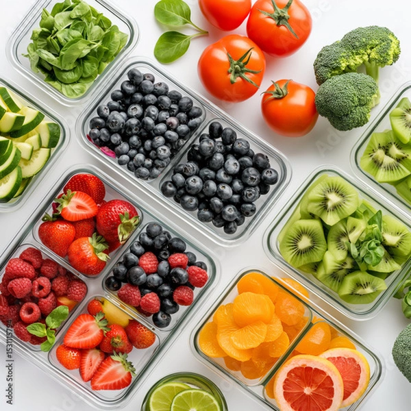 Obraz Healthy Meal Prep: A vibrant collection of fresh fruits and vegetables neatly arranged in glass meal prep containers, showcasing a healthy and balanced diet.