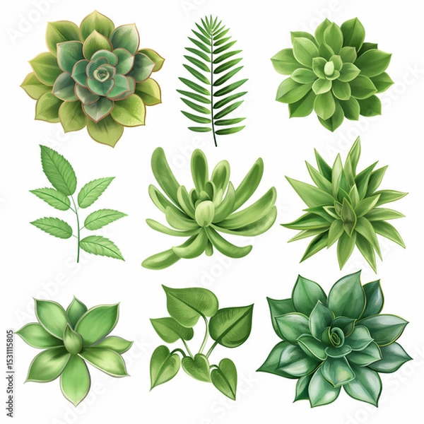 Obraz Botanical Harmony: A vibrant collection of meticulously crafted, realistic green botanical illustrations showcase the intricate beauty of plant life.