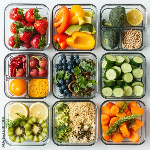 Obraz Healthy Meal Prep: A vibrant arrangement of fresh, colorful fruits and vegetables, meticulously portioned in glass containers, promising wholesome, delicious meals.